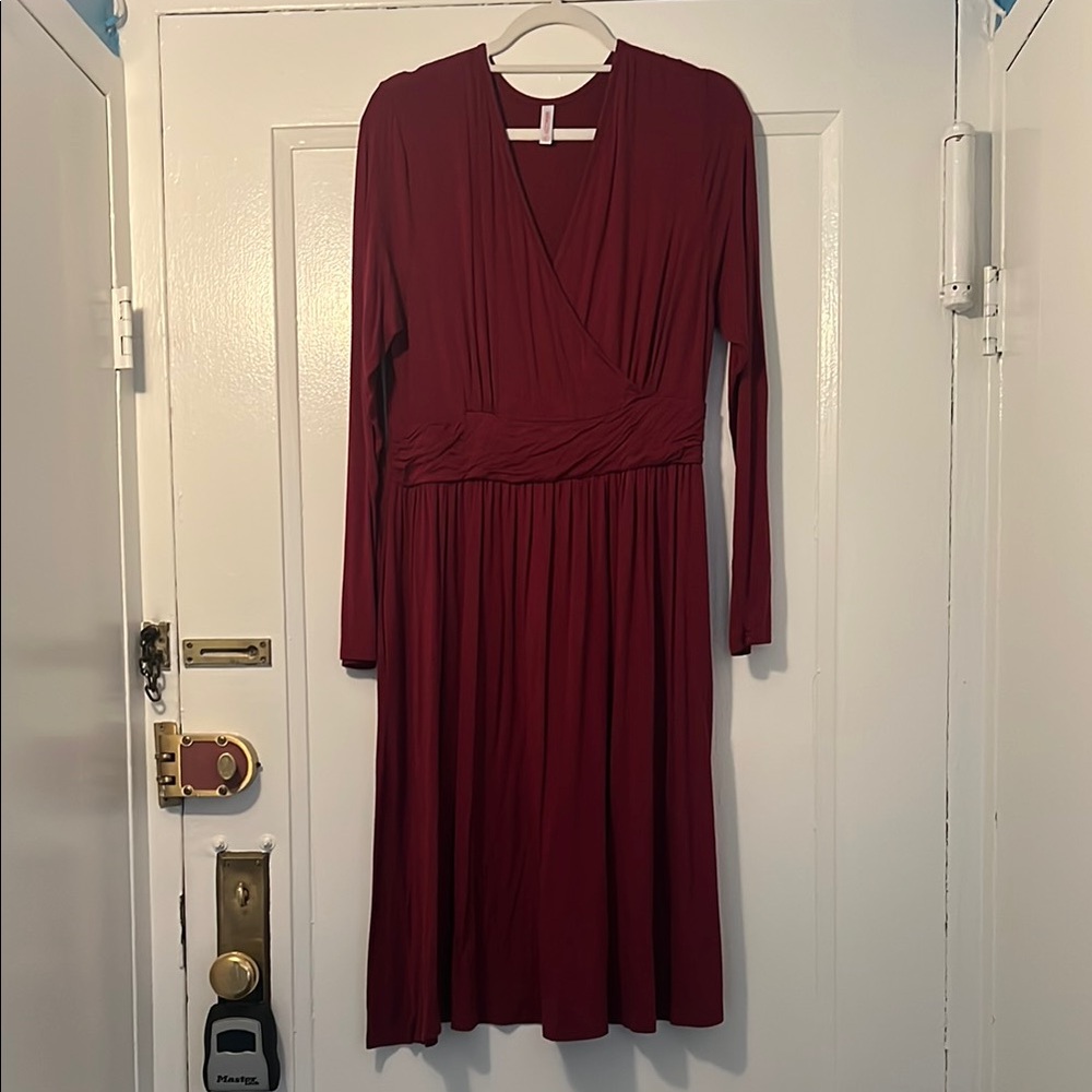 Casual Burgundy Long Sleeve Dress